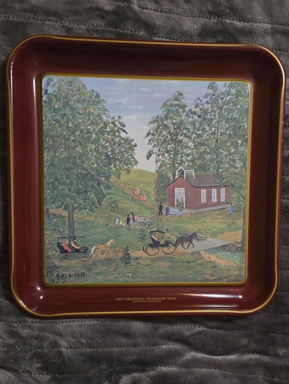 Grandma Franklin Decorative Red Metal Tray - Classic Country Scene